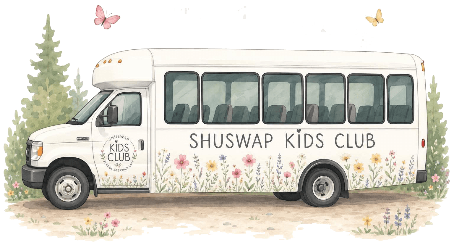 The Shuswap Kids Club bus, painted with wildflowers, parked among the pines